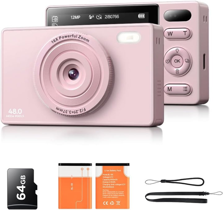64GB Digitalkamera Kinder Fotokamera: 48MP Anti-Shake Kinderkamera Foto Vlogging Fotoapparat 16X Dig