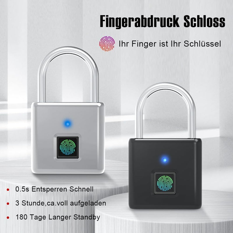 Schloss mit Fingerabdruck,IP55 Wasserdicht,Vorhängeschloss Fingerabdruck,USB-Aufladung Bluetooth Bio