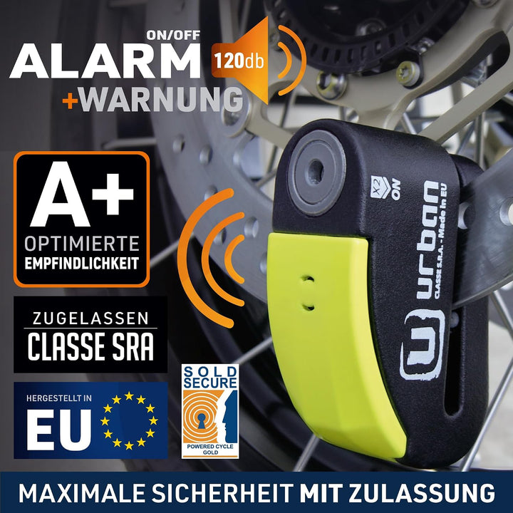 URBAN 999 Hi-Tech Bremsscheibenschloss mit Alarm 120dB ON/OFF Empfindlichkeit A+, Maximale Sicherhei