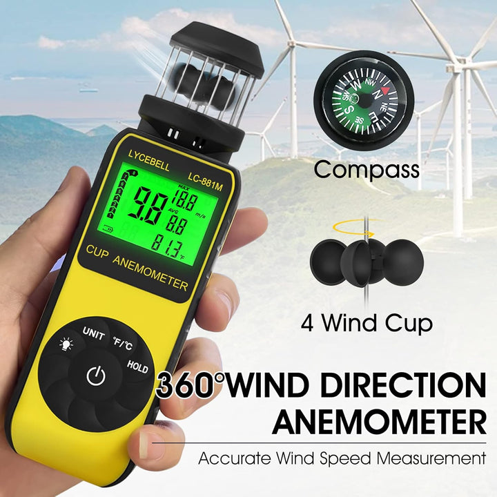LYCEBELL Windmesser Windmessgerät, Handheld Digitaler Anemometer, Misst Windgeschwindigkeit Luftfeuc