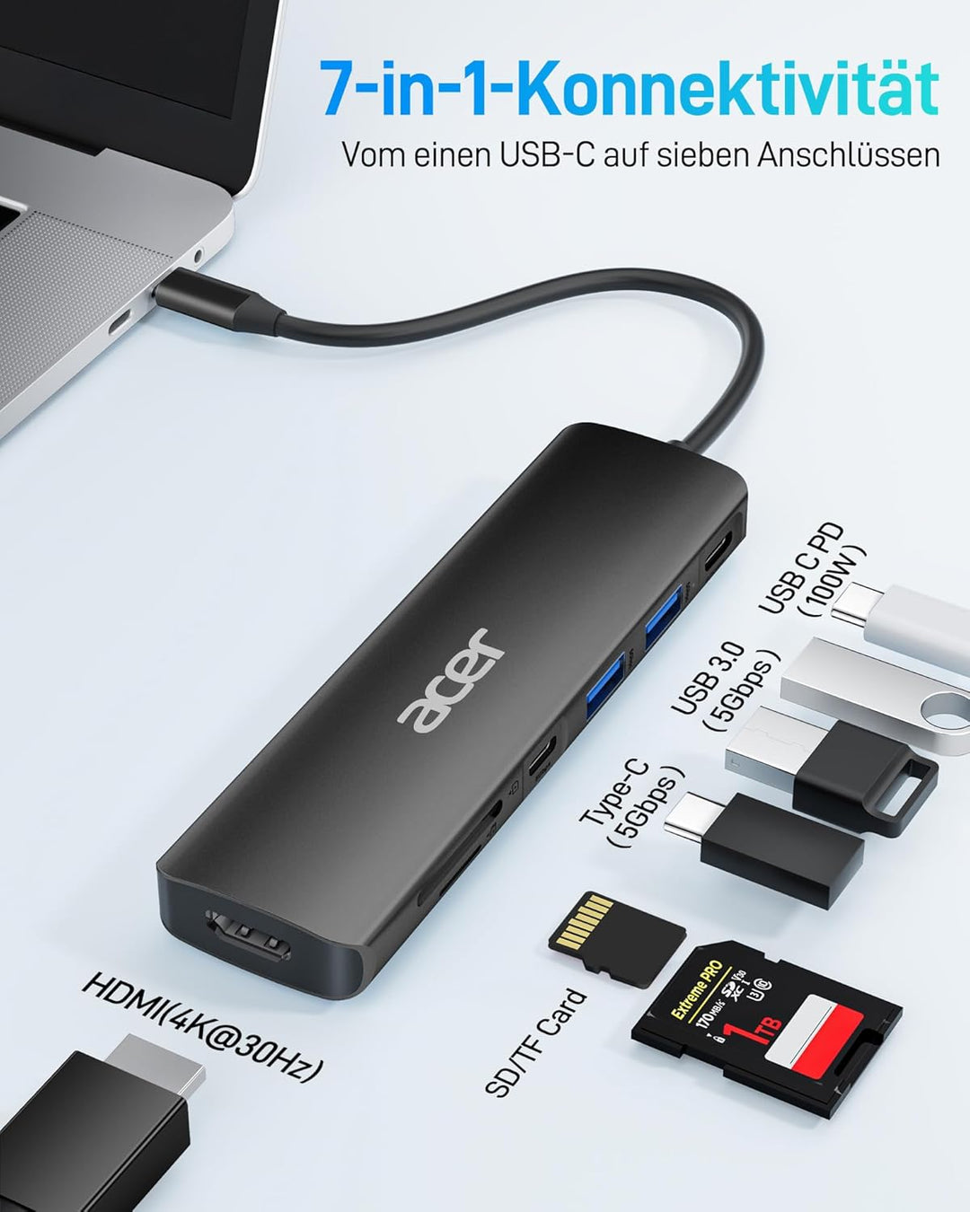 Acer USB C Hub, 7-in-1 USB-C zu HDMI Splitter, 2 USB 3.1 GEN1 und 5 Gbps Typ-C Datenanschluss, 4K HD