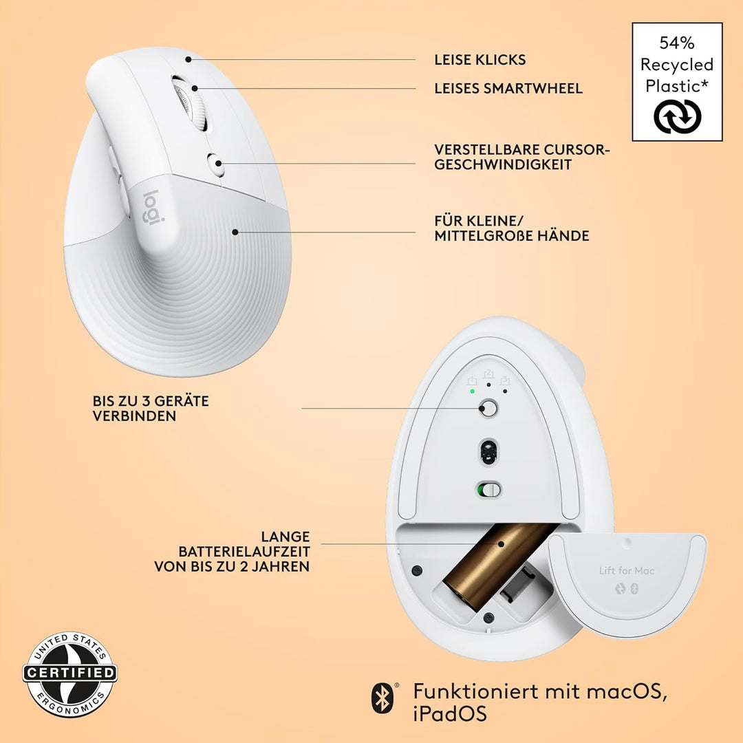 Logitech Lift für Mac, Kabellos Vertikale Ergonomische Maus, Bluetooth, Leise Klicks, Leises Smartwh