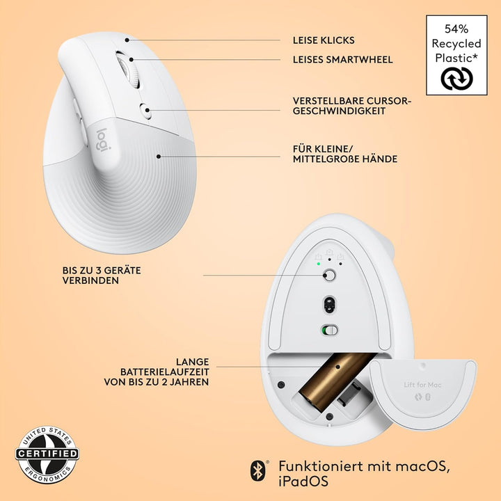 Logitech Lift für Mac, Kabellos Vertikale Ergonomische Maus, Bluetooth, Leise Klicks, Leises Smartwh