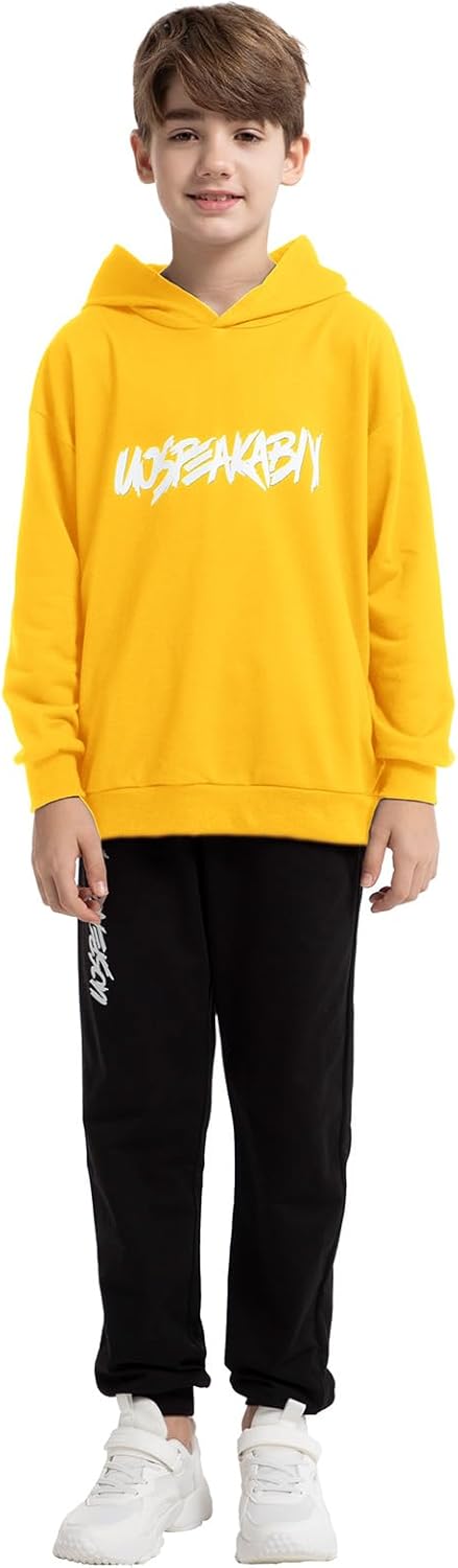 amropi Jungen Hoodie Trainingsanzug Sweatshirt Top und Jogging Hose Kleidungsset (Gelb, 14-15 Jahre)