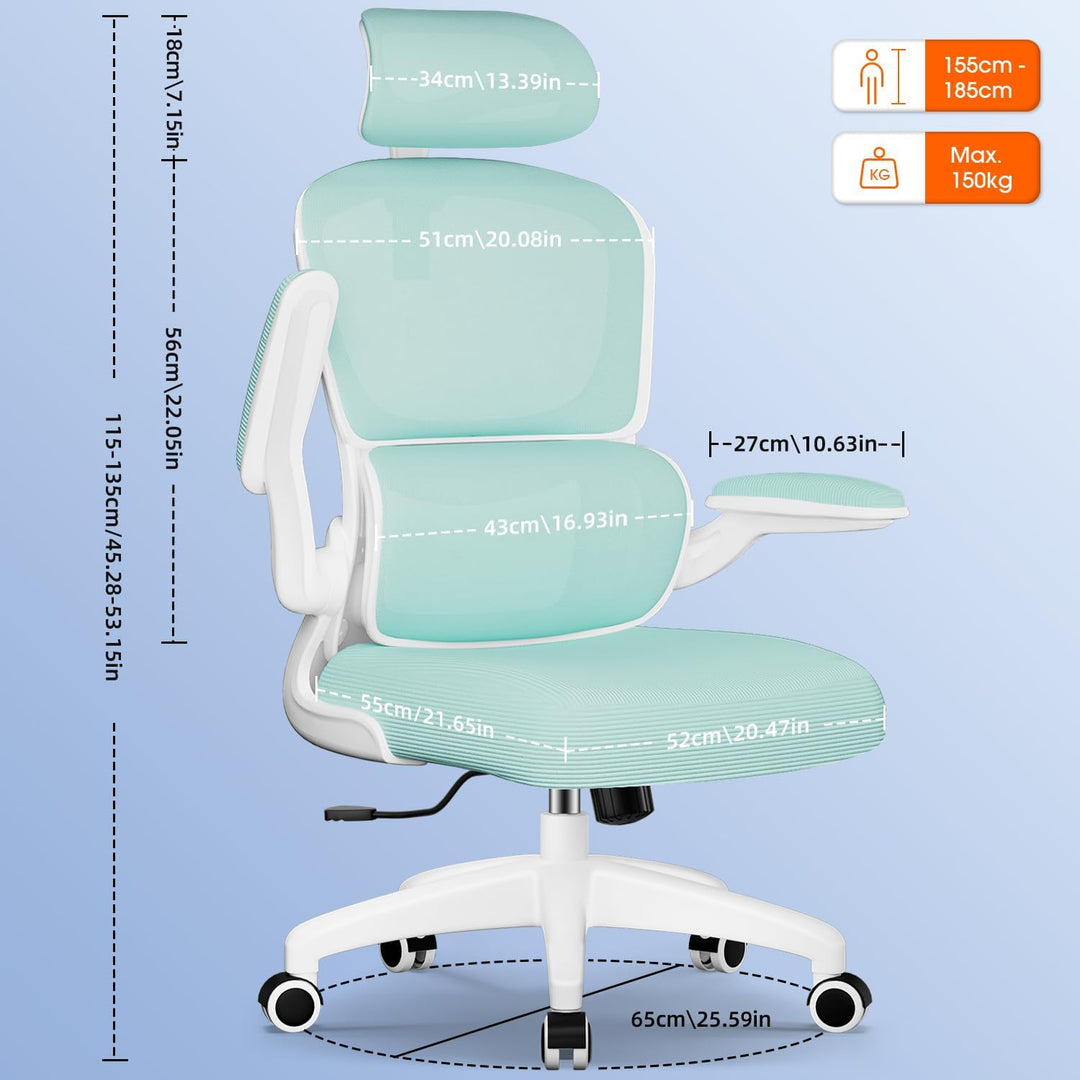 Aiidoits Bürostuhl mit Klappbaren Armlehnen, Lendenwirbelstütze und Höhenverstellbarer, Ergonomisch