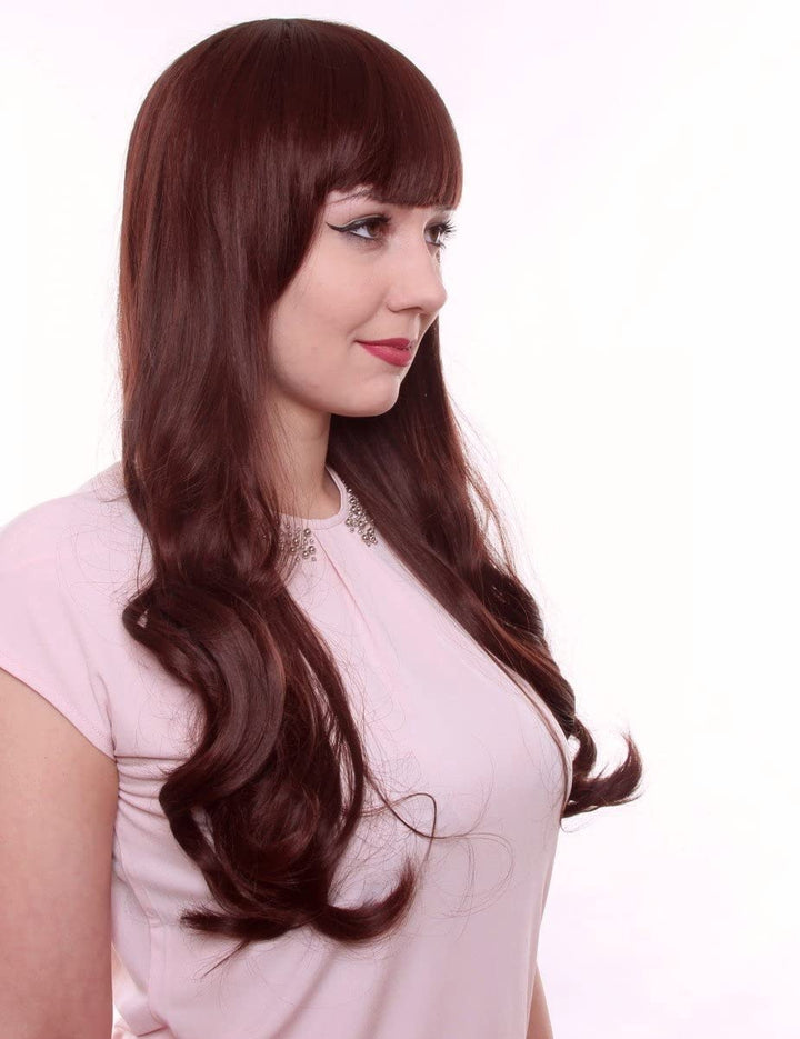 Prettyland C367 65cm Damen lange Perücke leicht Gewellt Locken Gerade Pony Dunkel-Braun Rot rotbraun