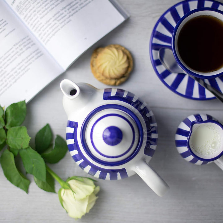 City to Cottage® - Teekanne Kaffeekanne für 2 Tassen | Blau-Weiss gestreift | Handgemacht | Teekanne