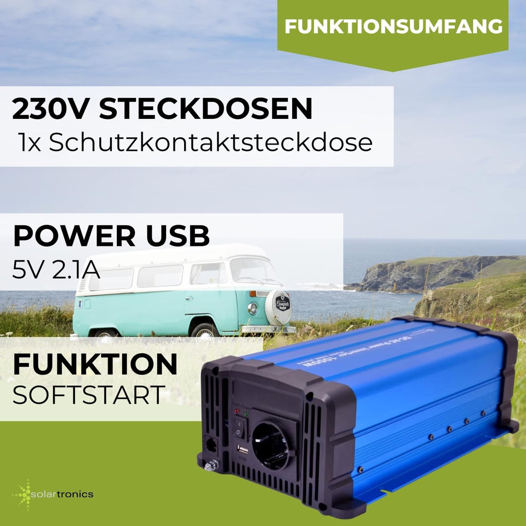 solartronics Spannungswandler FS1000DR 12V 1000 Watt Reiner Sinus BLAU Inverter Wechselrichter