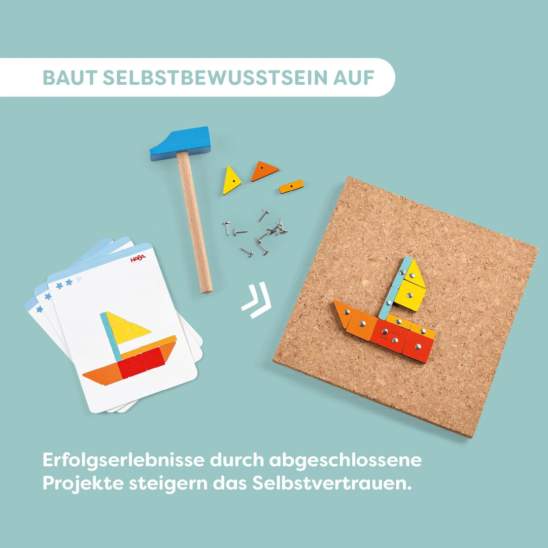 HABA Hammer-Nagelspiel: Geo-Formen – Holzspielzeug mit Hammer und Nägel für Kinder ab 3 Jahren – Kre