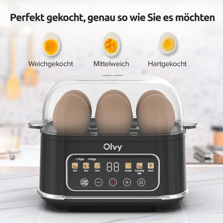 Olvy automatischer Eierkocher 6 Eier – Profi 6-in-1 Eierkocher mit LCD-Timer und Dampfgarer – ideal