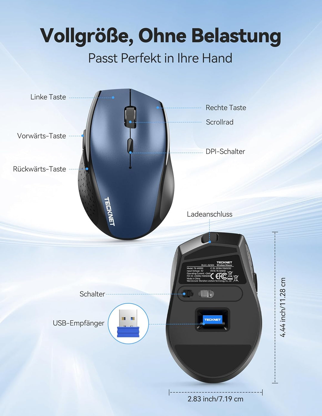 TECKNET PRO Kabellose Maus Wiederaufladbar,Silent Funkmaus 6400 DPI, 2,4 GHz Computermaus, Ergonomis