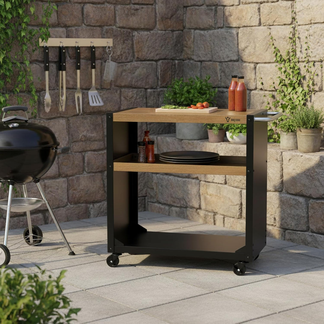 BBQ-Toro Grillwagen 95 x 50 x 90 cm | Schwarz mit Holzoptik | Grilltisch mit grosser Arbeitsfläche |
