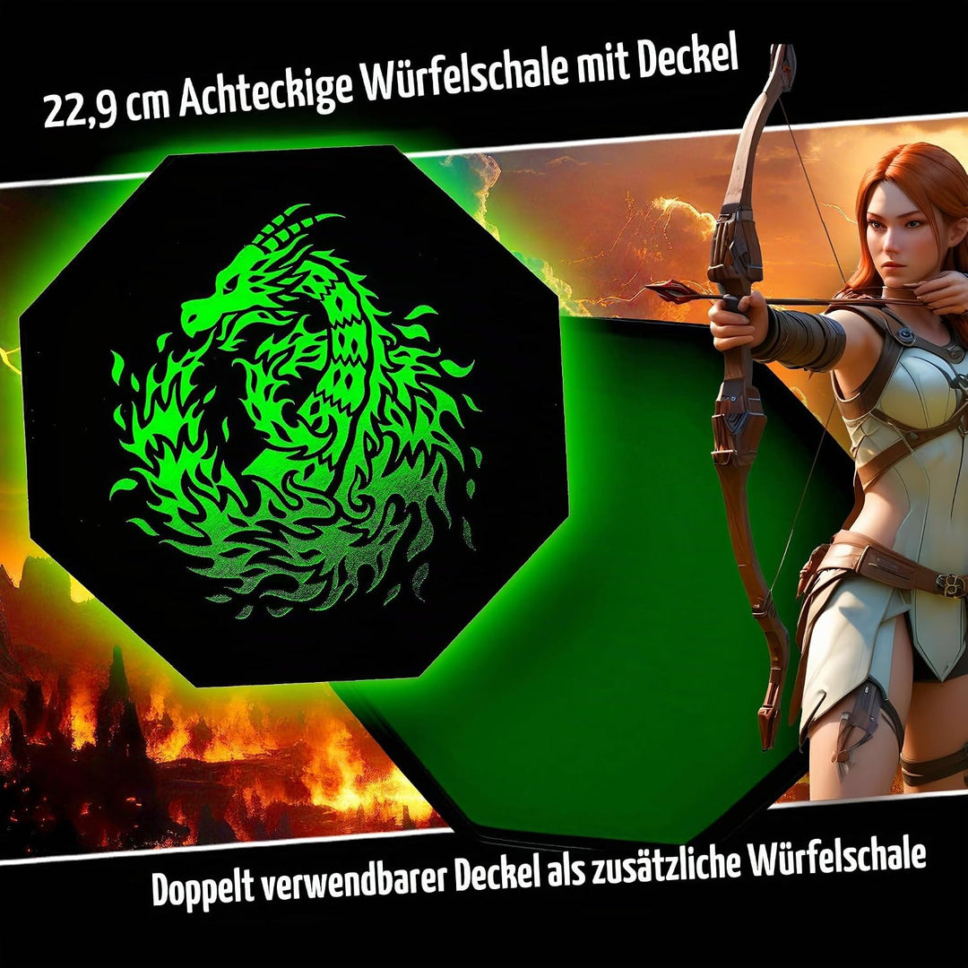 Fantasydice Green Fire Dragon Dice Tray with Wizard Book Print – 23CM Octagon with Dice Staging Area