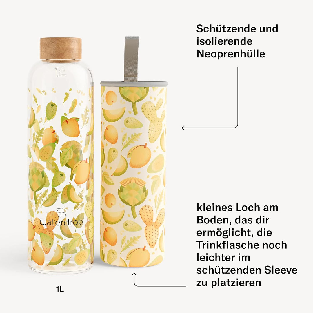 Waterdrop® Edition Glass Bottle 1l Trinkflasche Glas auslaufsicher, Kohlensäure geeignet | BPA freie