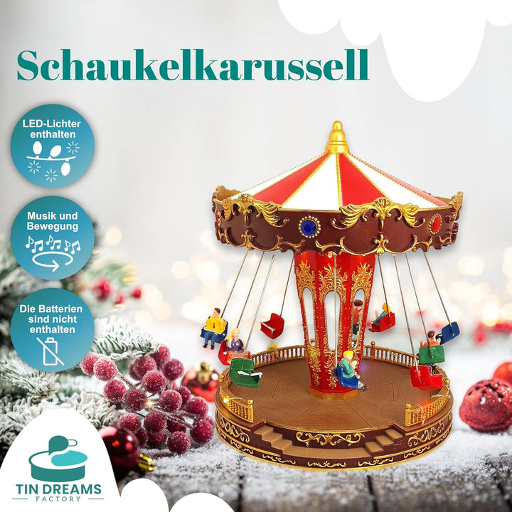 TIN DREAMS FACTORY Weihnachtsdorf mit Beleuchtung und Musik, Led-Karussell Weihnachten, Karussell Sp