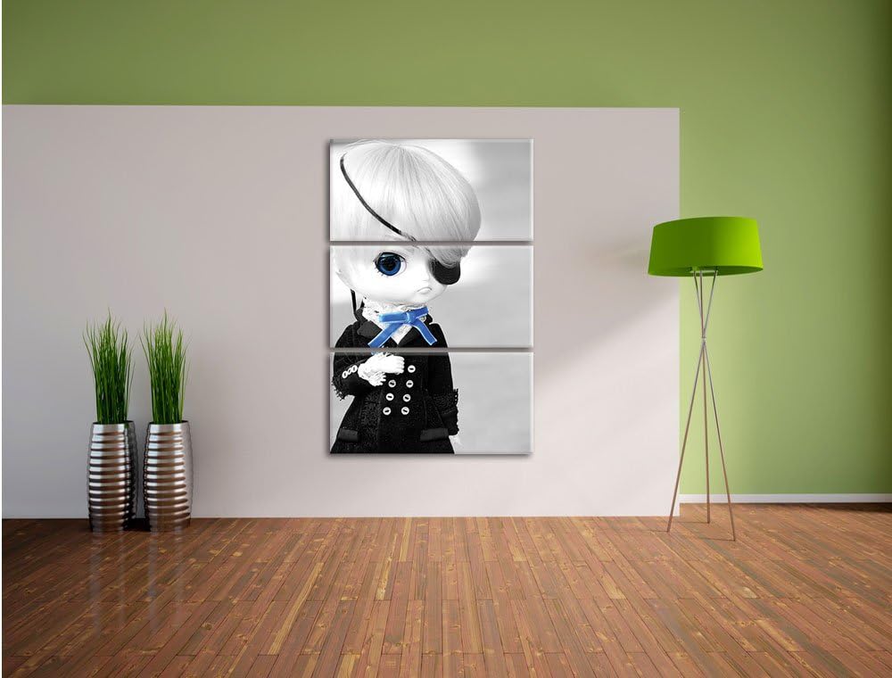 Pixxprint hübsche verwegene Pullip-Puppe mit Augenklappe schwarz/weiss 3-Teiler Leinwandbild 120x80