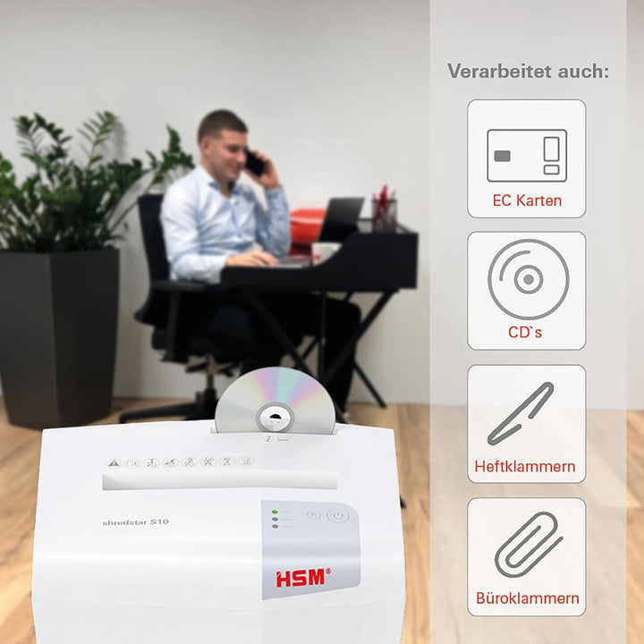HSM shredstar S10 Aktenvernichter, Sicherheitsstufe P-2, 10 Blatt (Streifenschnitt) mit CD-Schredder