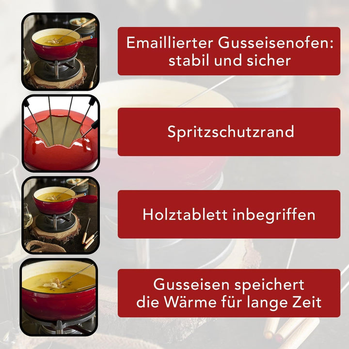 Baumalu 385050 Fondue-Set, Gusseisen, roter Farbverlauf, mit Holzplatte