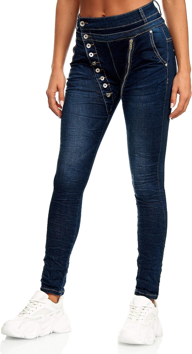 Elara Damen Jeans Boyfriend Knopfleiste Chunkyrayan 42 Slim Dunkelblau New York, 42 Slim Dunkelblau