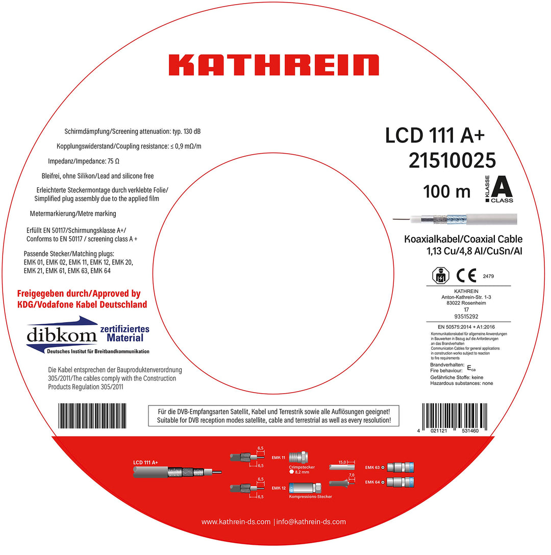 Kathrein LCD 111 Koaxialkabel 1,13/6,9 mm PVC 100 m Einwegspule weiss