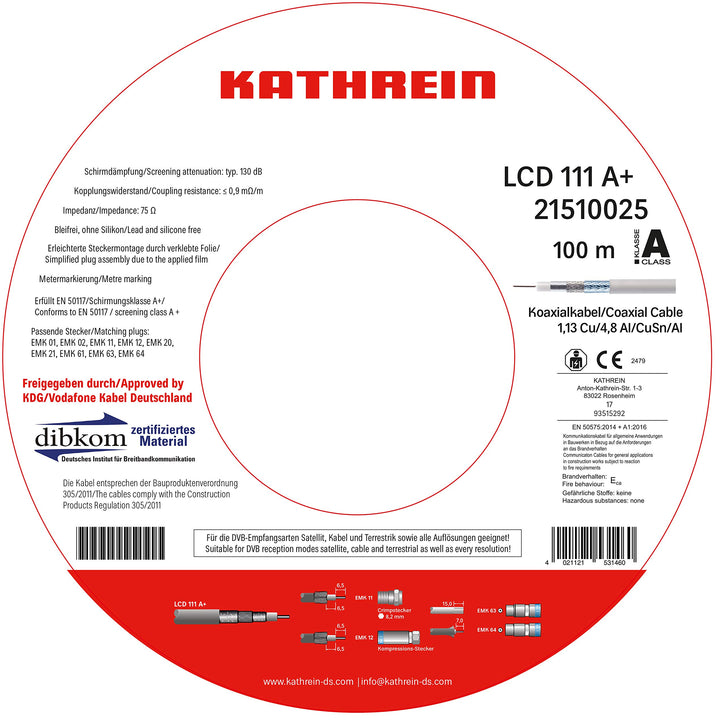 Kathrein LCD 111 Koaxialkabel 1,13/6,9 mm PVC 100 m Einwegspule weiss