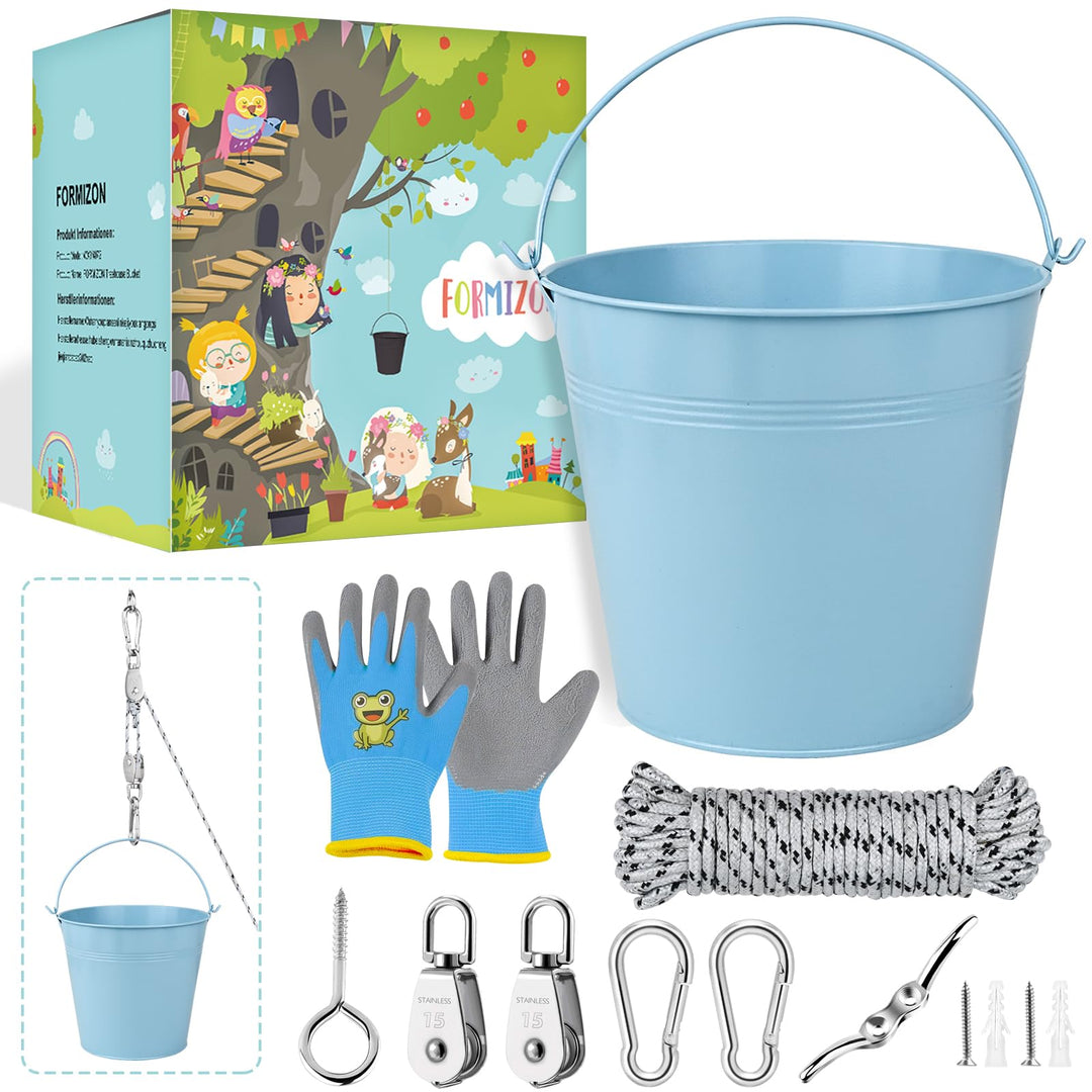 FORMIZON Flaschenzug Kinder, Flaschenzug mit Metalleimer, Zubehör fürs Baumhaus Spielturm, Kinder-Ri