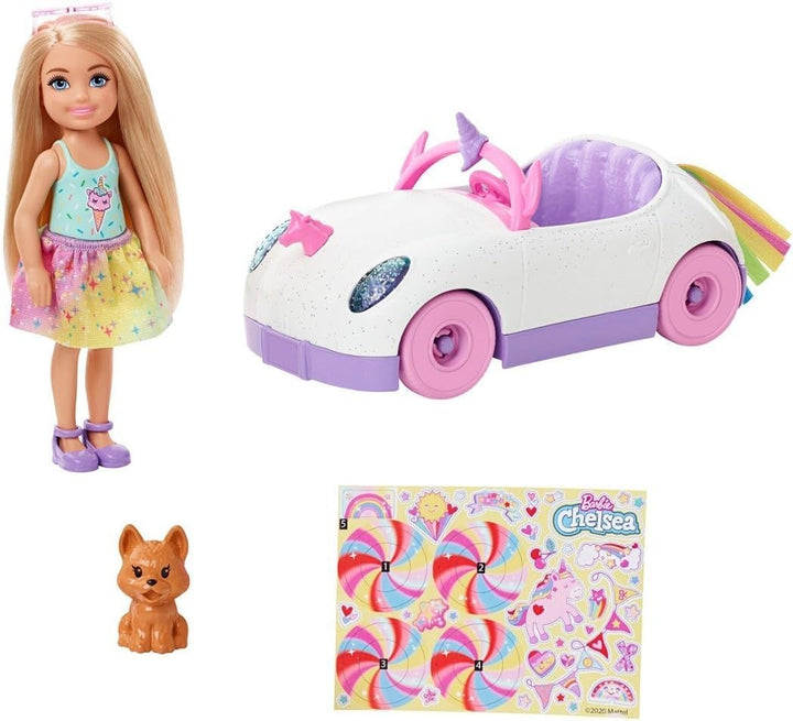 Barbie-Serie Chelsea, Chelsea-Puppe mit Einhorn-Auto, Welpe und Aufklebern, mit Räder, Puppe Chelsea