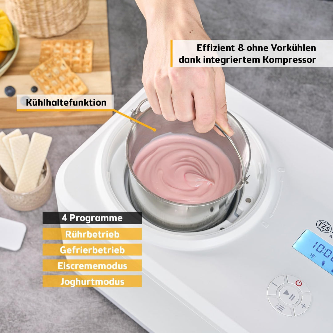 TZS First Austria Eismaschine | 1,5L | Kompressor | Entnehmbarer Edelstahl Behälter | Rezeptheft | L