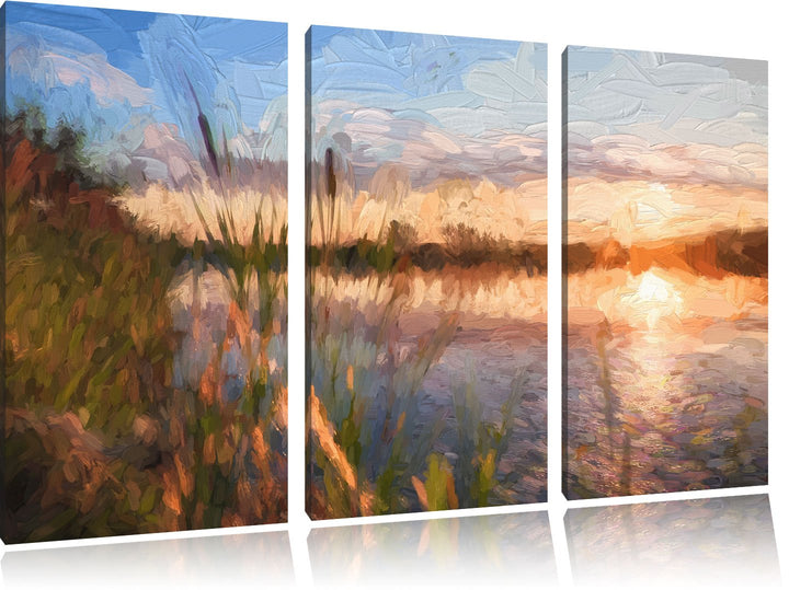 Pixxprint Sonniger Morgen am See Pinsel Effekt 3-Teiler Leinwandbild 120x80 Bild auf Leinwand