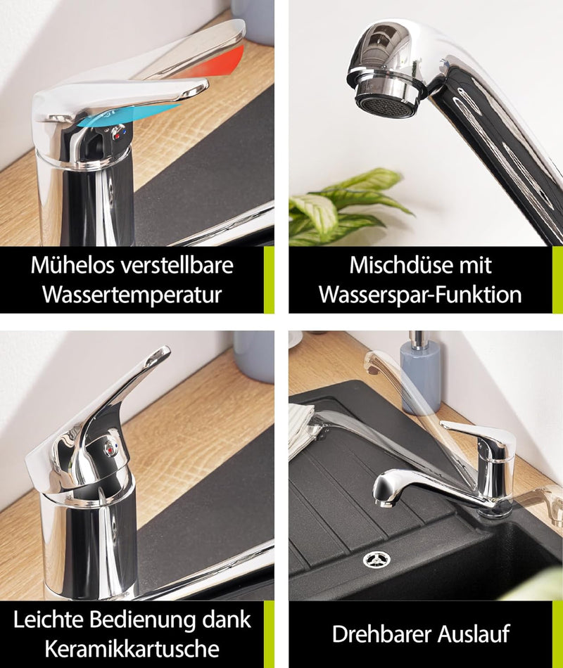 aquaSu® Spültischarmatur Jetmix, Einhebelmischer mit Wasserspar-Mischdüse, Wasserhahn für Spüle, Aus