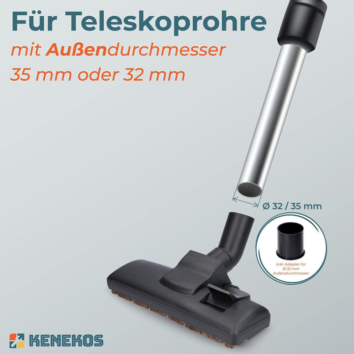 Staubsaugerdüse 35/32 mm, Universal Bodendüse mit Rollen, Fadenheber und Rosshaarbürste, Bodenblech