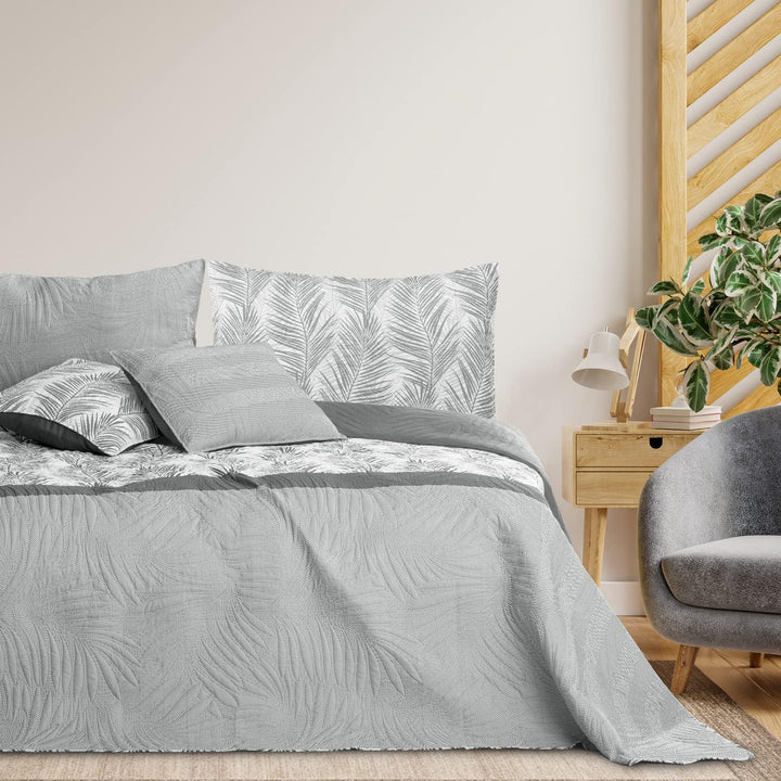 AmeliaHome Tagesdecke Bettüberwurf 170x210 cm zweiseitig pflegeleicht Steppung Pflanzenmuster Grau W