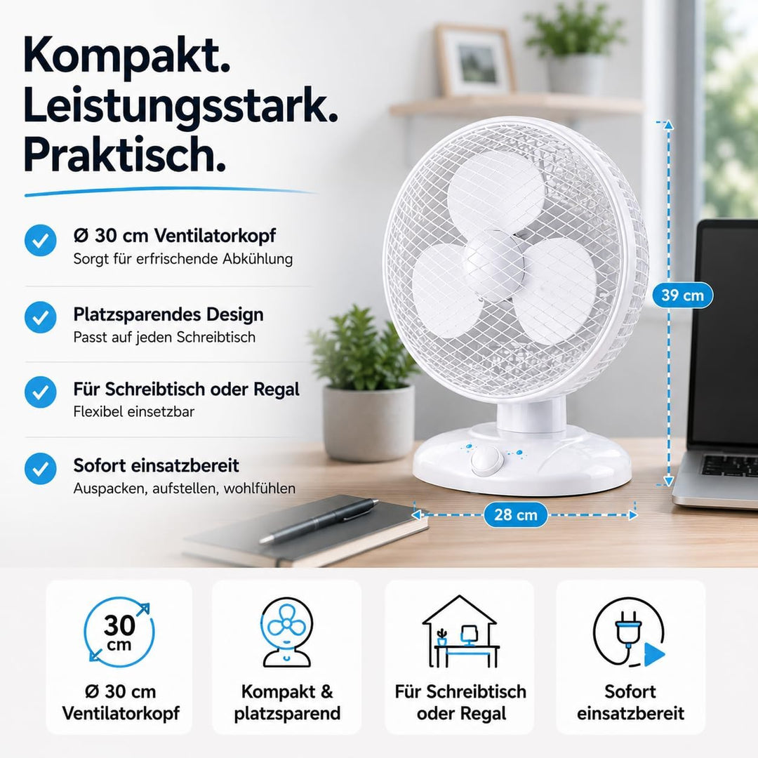 Everhomely Tragbarer Tischventilator 30 cm mit Schwenkfunktion – leiser Ventilator mit 3 Geschwindig