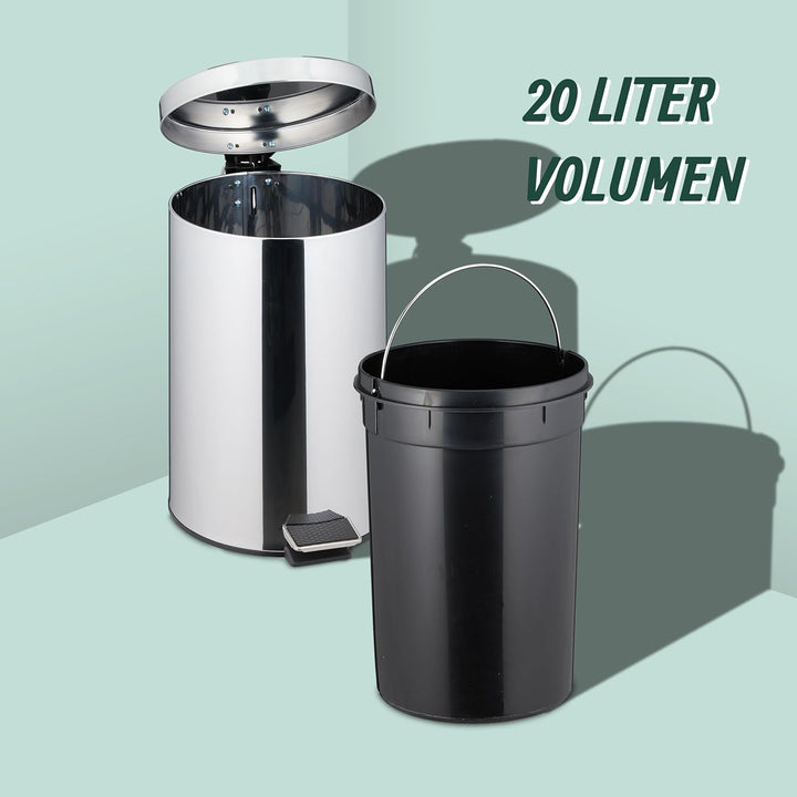 Relaxdays Mülleimer Küche, 20 Liter, spiegelpolierter Edelstahl, entnehmbarer Inneneimer, Fusspedal,