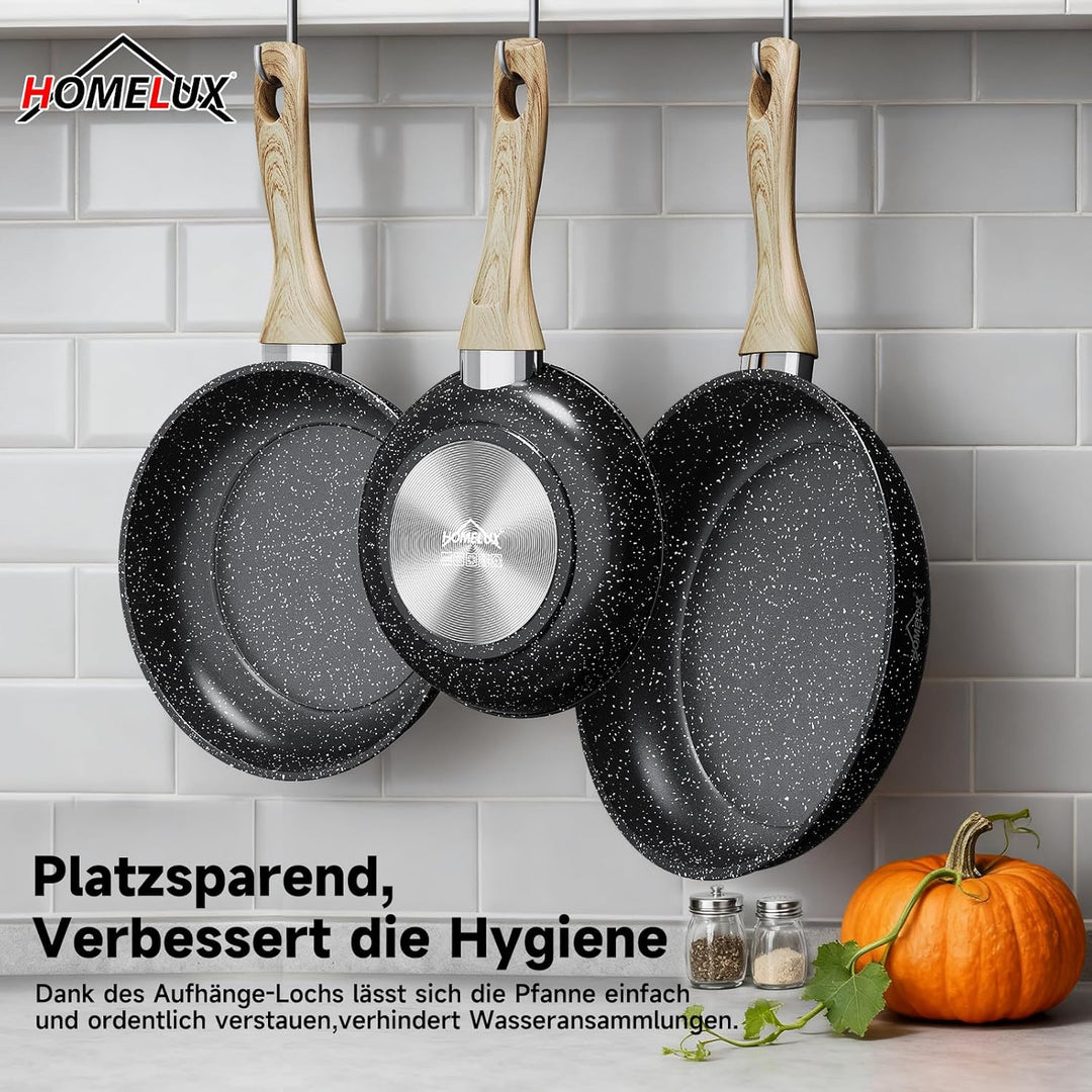 HOMELUX Antihaft Pfannenset 3-teilig Induktion, Bratpfanne 20/24/28cm mit Holzgriff, PFOA & PTFE fre