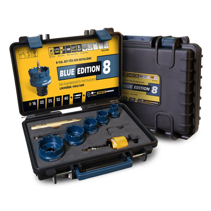 HM Flachschnitt Rapid Change Lochsägen Set Amboss Werkzeuge 16/22/25/32/40 mm - BLUE EDITION mit Sch