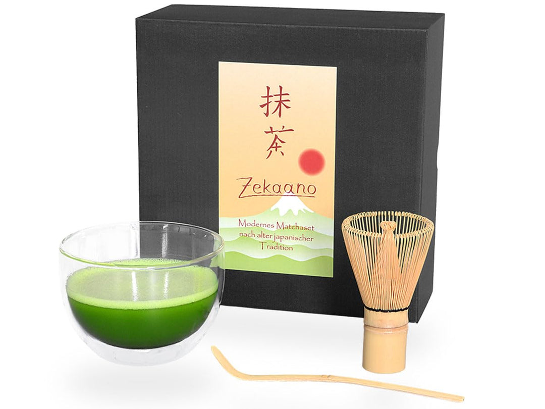 Glas Matcha-Set 3-teilig, 400ml aus doppelwandigem Thermo-Glas/Matcha Schale/Matcha Bambuslöffel/Mat
