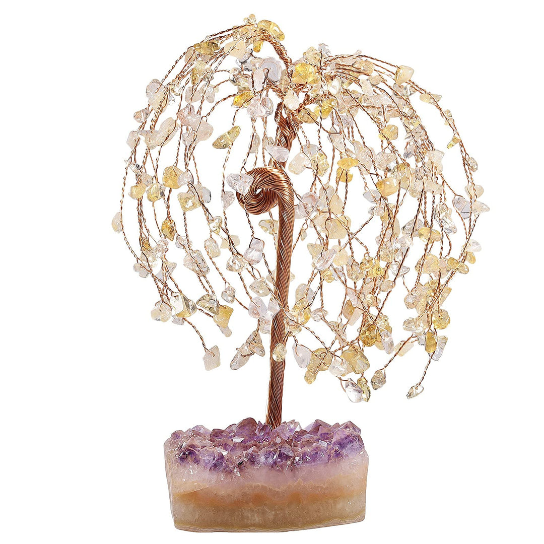 mookaitedecor Natürlicher Citrin-Kristall-Baum mit Amethyst-Cluster-Kristall-Basis, Feng Shui Bonsai