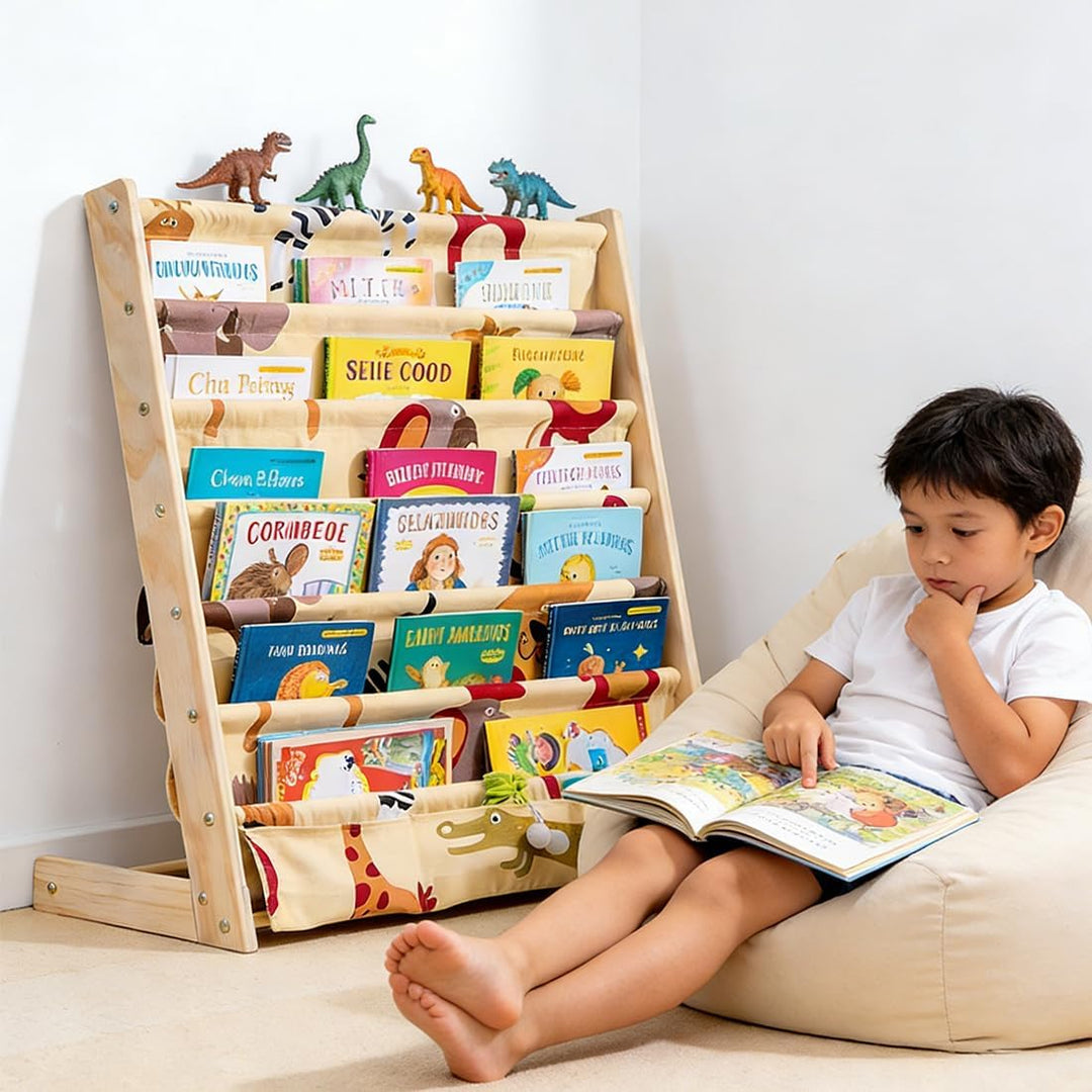 Kinder Bücherregal, 75x 30 x 79 cm Montessori Bücherregal mit 6 Ebenen und Stofffächern, Offenes Kin