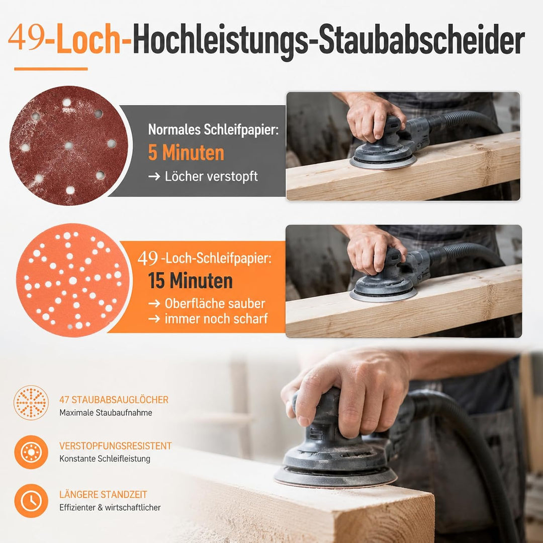 Papier Schleifscheiben 150mm Klett Orange 49-Loch K80 Holz/Auto | Langlebige Schleifscheiben mit Pap