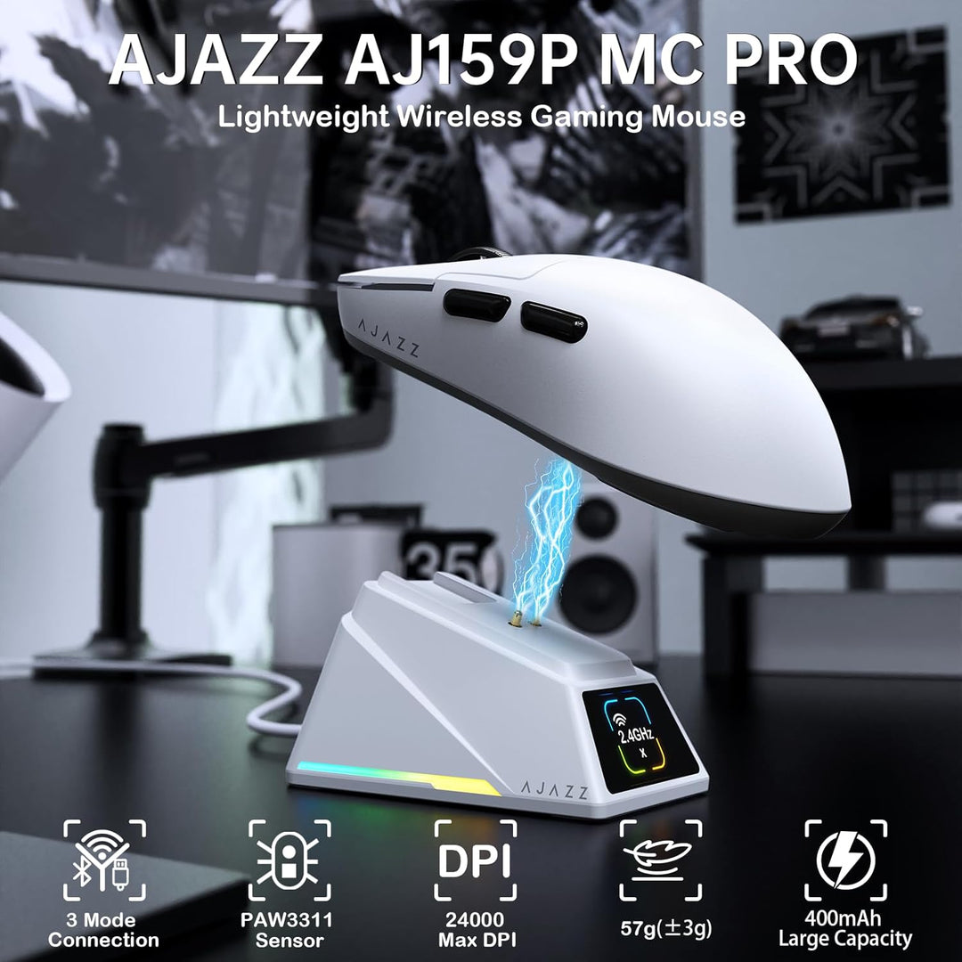 A.JAZZ AJ159P MC PRO Kabellose Gaming-Maus mit RGB-Ladedock, 57g Superlight, Tri-Mode Bluetooth/2.4G