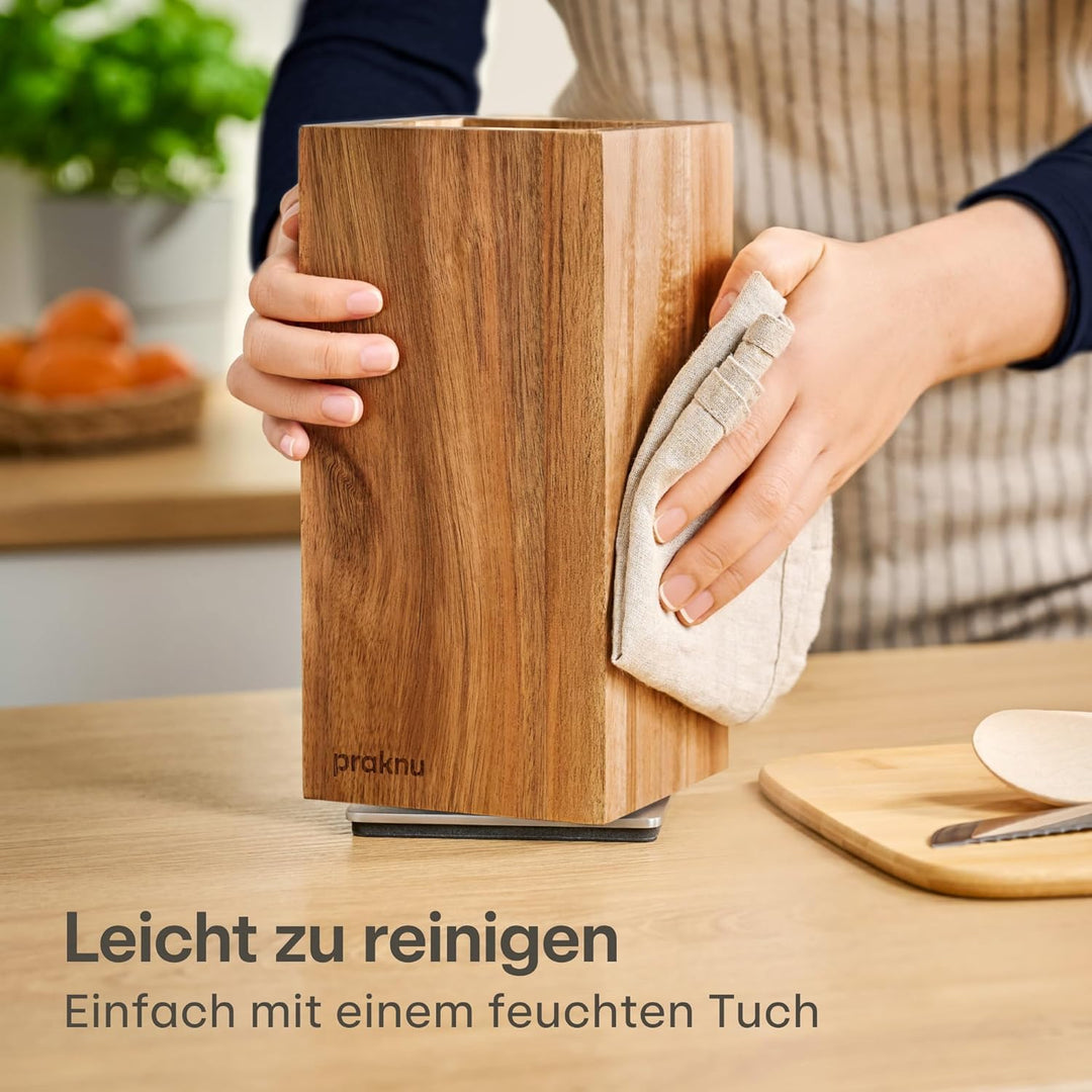 Praknu Messerblock Magnetisch 360° drehbar ohne Messer – FSC® Akazienholz mit Platz für Küchenutensi