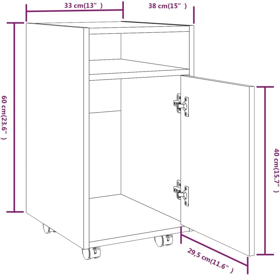Nachttisch mit 2 Fächern, Beistellschrank mit Rollen, Kleiner Schrank, Büroschrank, Rollcontainer, B