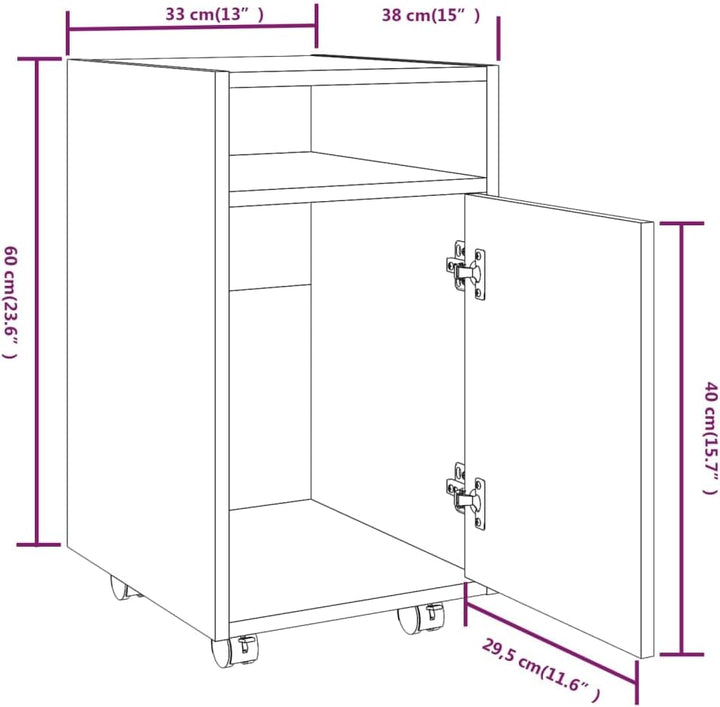 Nachttisch mit 2 Fächern, Beistellschrank mit Rollen, Kleiner Schrank, Büroschrank, Rollcontainer, B