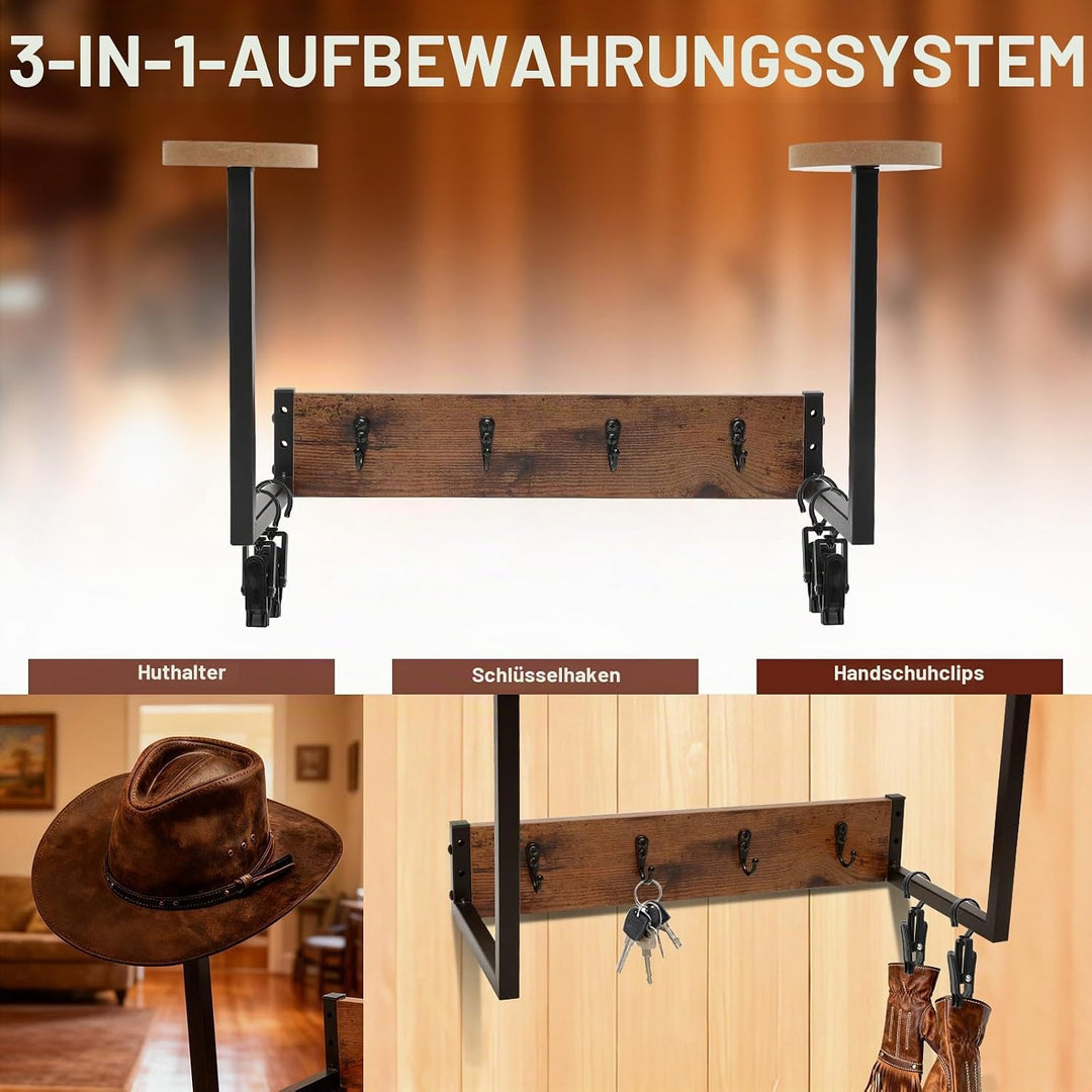 Helmhalterung Wand, Holz Hutständer Wand für Cowboyhut, Motorrad Garderobe Hutaufhänger mit 4 Metall