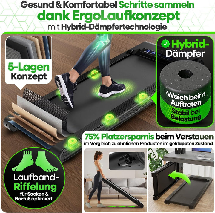 NEU Tretmann Walking Pad mit Steigung klappbar – extra leise [LongLife Laufdeck] mit App bis 150 kg