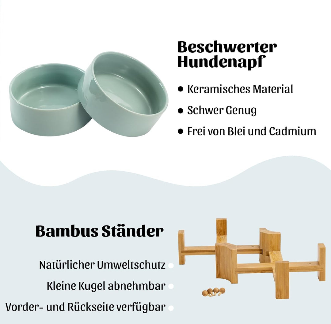 SPUNKYJUNKY 15° Kippbare Keramik Hundenapf mit Holzständer Futter und Wassernapf rutschfest für Hund