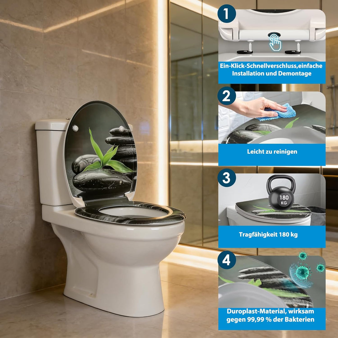 Duroplast-Toilettensitz, O-förmiger Toilettendeckel mit Soft-Close-Mechanismus, Edelstahlscharnier,