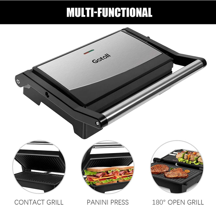 Gotoll Sandwichmaker Kontaktgrill 900W, Panini Maker, Sandwich Grill, geöffneter 180° Tischgrill, An