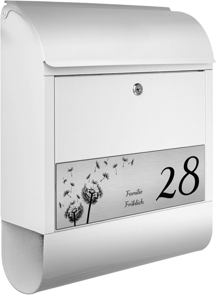 banjado® Briefkasten personalisiert mit graviertem Namensschild in Silber/Briefkasten weiss 39x47x14
